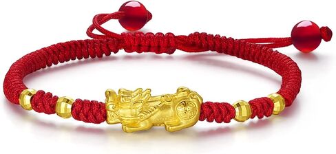 24K Solid Gold Bracelet for Women, Real Pure Gold Jewelry Dainty Fortune Pixiu Ball Dragon Turtle Adjustable Red Black Braided Bracelet for Men Girlfriend in Saudi Arabia