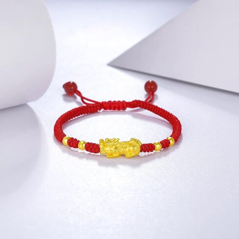 24K Solid Gold Bracelet for Women, Real Pure Gold Jewelry Dainty Fortune Pixiu Ball Dragon Turtle Adjustable Red Black Braided Bracelet for Men Girlfriend in Saudi Arabia