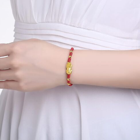 24K Solid Gold Bracelet for Women, Real Pure Gold Jewelry Dainty Fortune Pixiu Ball Dragon Turtle Adjustable Red Black Braided Bracelet for Men Girlfriend in Saudi Arabia