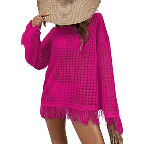 Makemechic Women Long Sleeve Fringe Hollow Out Crochet Pullover Sweater in Kuwait