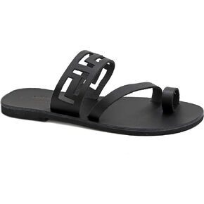 Emmanuela Ancient Greek Handmade Leather Flat Ring Toe Sandals with Meanders, Quality Slide on Strappy Summer Shoes for Women, Open Toe Sliders, Boho Chic Mules in Kuwait