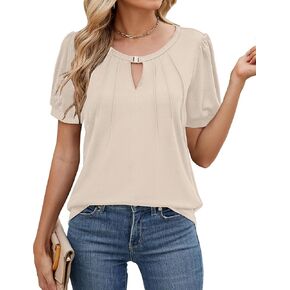 Uvog Womens Dressy Casual Tops Puff Short Sleeve Work Blouse Pleated Keyhole Summer Shirts 2025 in Kuwait