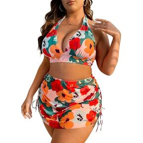 Plus Size Swimwear for Women Floral Halter Bikini Set with High Waist Bottom & Skirted Cover Up Tummy Control Swimsuit in Saudi Arabia