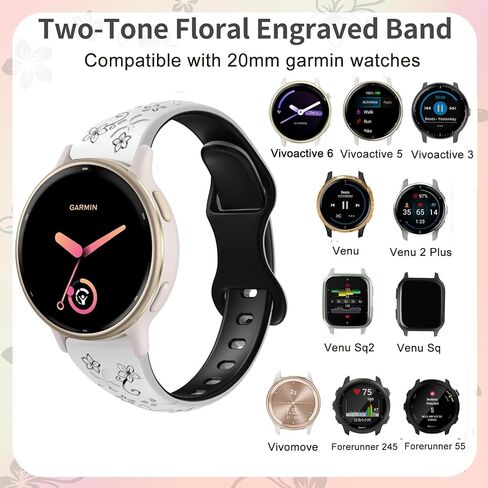Flower Engraved Slim Silicone Watch Bands Compatible with Garmin Vivoactive 6 /Vivoactive 5/3/3 Music, 20mm Thin Sport Soft Strap for Garmin Venu 2 Plus/Venu Sq/Forerunner 165/55/245 in Saudi Arabia
