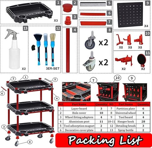 Auto Detailing Tool Cart with 2 Tool Hanging Board,3-Tier Utility Rolling Cart,Car Detailing Organizer for Garage DIY Home Studio Projects,Storing Your Tools in Kuwait