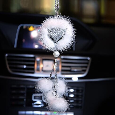 Car Decor Automotive Interior Rearview Mirrors Rearview Mirror Pendant Enchanting White Fox Diamond-Encrusted Plush Pendant Car Accessories Creative Pendant Car Hanging (B) in Kuwait