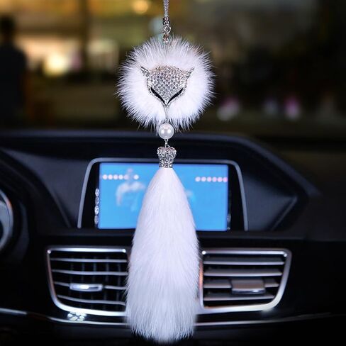 Car Decor Automotive Interior Rearview Mirrors Rearview Mirror Pendant Enchanting White Fox Diamond-Encrusted Plush Pendant Car Accessories Creative Pendant Car Hanging (B) in Kuwait