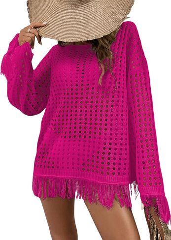 Makemechic Women Long Sleeve Fringe Hollow Out Crochet Pullover Sweater in Saudi Arabia