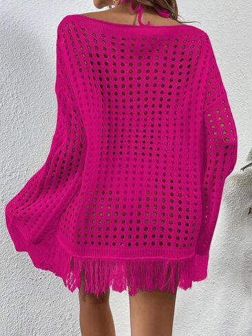 Makemechic Women Long Sleeve Fringe Hollow Out Crochet Pullover Sweater in Saudi Arabia
