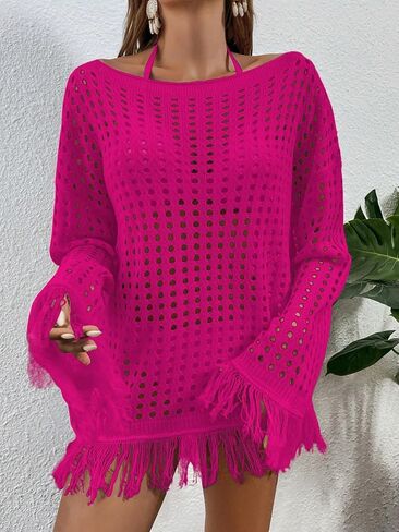 Makemechic Women Long Sleeve Fringe Hollow Out Crochet Pullover Sweater in Saudi Arabia