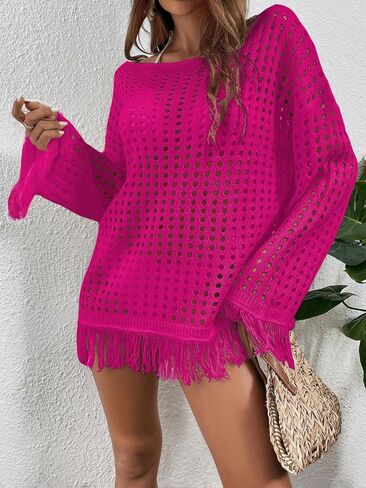 Makemechic Women Long Sleeve Fringe Hollow Out Crochet Pullover Sweater in Saudi Arabia