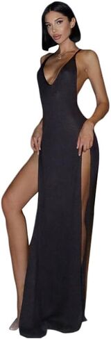 تستر على التستر المحبوك للسيدات مثيرة مفتوحة الظهر الرسن الخامس الرقبة مزدوجة فستان طويل in Kuwait