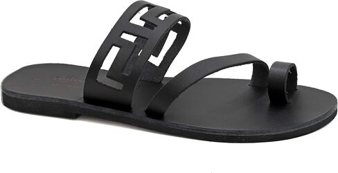 Emmanuela Ancient Greek Handmade Leather Flat Ring Toe Sandals with Meanders, Quality Slide on Strappy Summer Shoes for Women, Open Toe Sliders, Boho Chic Mules in Kuwait