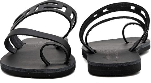 Emmanuela Ancient Greek Handmade Leather Flat Ring Toe Sandals with Meanders, Quality Slide on Strappy Summer Shoes for Women, Open Toe Sliders, Boho Chic Mules in Kuwait