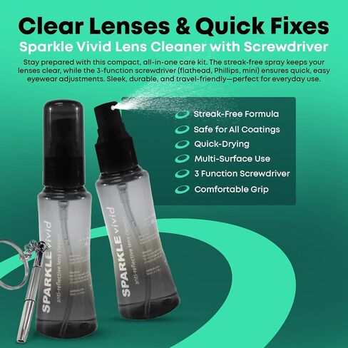 Sparkle Vivid Anti-Reflective Safe Lens Cleaner & Repair Kit – (2) 2oz Glasses Cleaner Spray, (2) Microfiber Cloth & Keychain Screwdriver for Eyeglasses, Sunglasses, Lenses & Screens (5 Piece Set) in Saudi Arabia