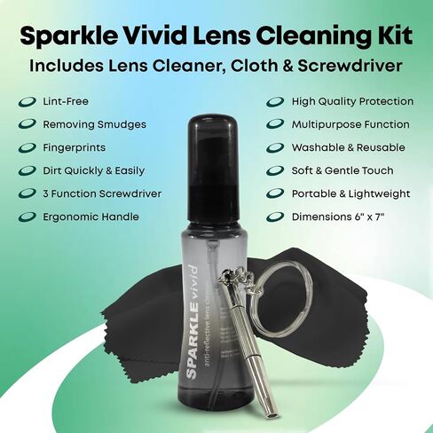 Sparkle Vivid Anti-Reflective Safe Lens Cleaner & Repair Kit – (2) 2oz Glasses Cleaner Spray, (2) Microfiber Cloth & Keychain Screwdriver for Eyeglasses, Sunglasses, Lenses & Screens (5 Piece Set) in Saudi Arabia