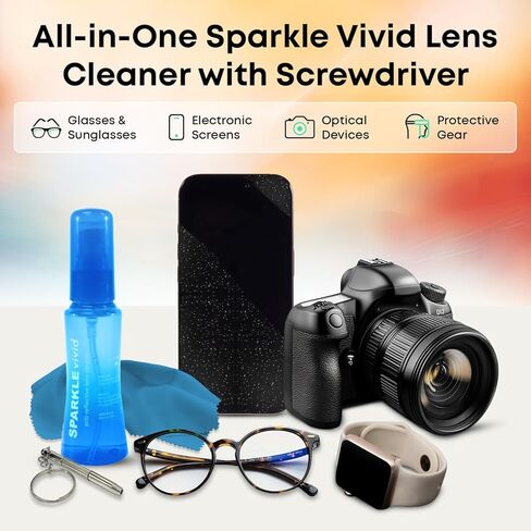 Sparkle Vivid Anti-Reflective Safe Lens Cleaner & Repair Kit – (2) 2oz Glasses Cleaner Spray, (2) Microfiber Cloth & Keychain Screwdriver for Eyeglasses, Sunglasses, Lenses & Screens (5 Piece Set) in Kuwait