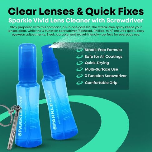 Sparkle Vivid Anti-Reflective Safe Lens Cleaner & Repair Kit – (2) 2oz Glasses Cleaner Spray, (2) Microfiber Cloth & Keychain Screwdriver for Eyeglasses, Sunglasses, Lenses & Screens (5 Piece Set) in Kuwait