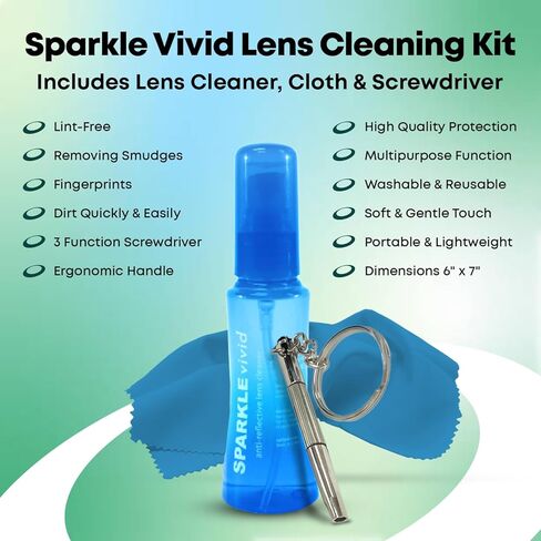 Sparkle Vivid Anti-Reflective Safe Lens Cleaner & Repair Kit – (2) 2oz Glasses Cleaner Spray, (2) Microfiber Cloth & Keychain Screwdriver for Eyeglasses, Sunglasses, Lenses & Screens (5 Piece Set) in Kuwait