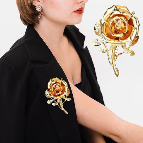 Gold Rose Flower Brooch Pin for Women Men, Fashion Gold Tone Metal Large 3D Blossom Floral Brooches Lapel Pins Retro Suit Hat Dress Accessories Holiday Wedding Jewelry Gift in Saudi Arabia
