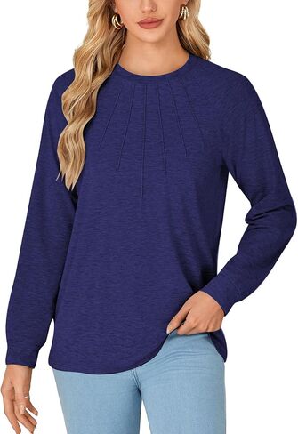 LYANER Women's Long Sleeve Shirts Dressy Casual Blouses T Shirts Crew Neck Pleated Tunic Top in Saudi Arabia