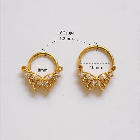 16G CZ Butterfly Septum Ring Surgical Steel Daith Earring Hoop, Gold Silver Gemstone Septum Jewelry for Septum Piercing, Septum Clicker Daith Piercing Jewelry 16 Gauge 10mm 8mm in Kuwait