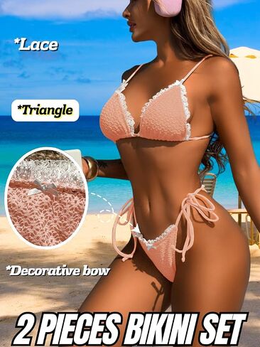 Women's Textured Lace Triangle Bikini Sets, Side Tie Ruffle Low Rise Swimsuit, Tan Through 2 Piece Thong Swimwear in Saudi Arabia