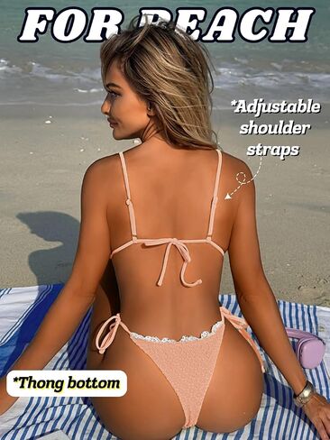 Women's Textured Lace Triangle Bikini Sets, Side Tie Ruffle Low Rise Swimsuit, Tan Through 2 Piece Thong Swimwear in Saudi Arabia