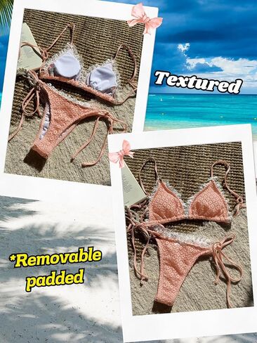 Women's Textured Lace Triangle Bikini Sets, Side Tie Ruffle Low Rise Swimsuit, Tan Through 2 Piece Thong Swimwear in Saudi Arabia