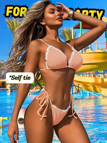 Women's Textured Lace Triangle Bikini Sets, Side Tie Ruffle Low Rise Swimsuit, Tan Through 2 Piece Thong Swimwear in Saudi Arabia