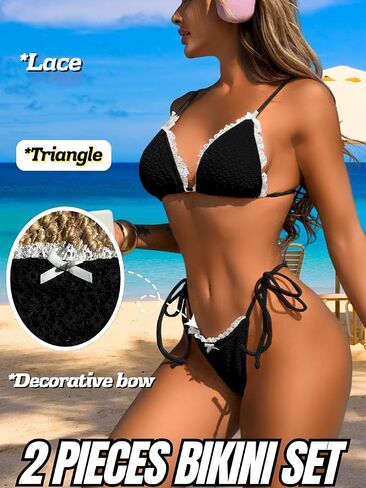 Women's Textured Lace Triangle Bikini Sets, Side Tie Ruffle Low Rise Swimsuit, Tan Through 2 Piece Thong Swimwear in Saudi Arabia