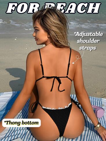 Women's Textured Lace Triangle Bikini Sets, Side Tie Ruffle Low Rise Swimsuit, Tan Through 2 Piece Thong Swimwear in Saudi Arabia