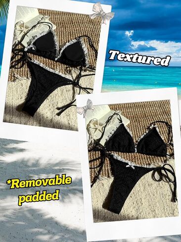 Women's Textured Lace Triangle Bikini Sets, Side Tie Ruffle Low Rise Swimsuit, Tan Through 2 Piece Thong Swimwear in Saudi Arabia