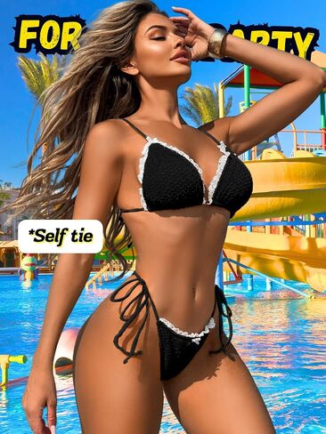 Women's Textured Lace Triangle Bikini Sets, Side Tie Ruffle Low Rise Swimsuit, Tan Through 2 Piece Thong Swimwear in Saudi Arabia