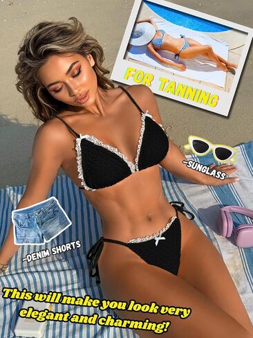 Women's Textured Lace Triangle Bikini Sets, Side Tie Ruffle Low Rise Swimsuit, Tan Through 2 Piece Thong Swimwear in Saudi Arabia