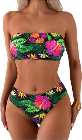 Gorglitter Women's Bandeau Bikini Ploral Tropical Tropical High Text Convers in Saudi Arabia