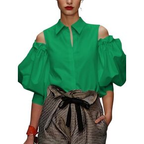 UOOZEE Women's Cut Out Cold Shoulder Cotton Summer Tops Button Down Lapel V Neck Puff Sleeve Blouses Shirts in Kuwait