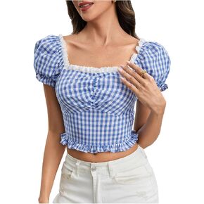 Wdirara Women's Plaid Sweetheart Neck Puff Short Sleeve Top Frill Trim Ruched Blouse in Kuwait