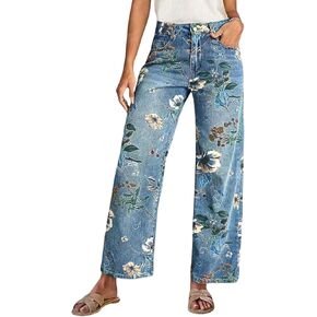 yoeasy Women's Straight Leg Jeans High Rise Vintage Floral Printed Wide Leg Trendy Stretchy Baggy Casual Denim Pants in Saudi Arabia