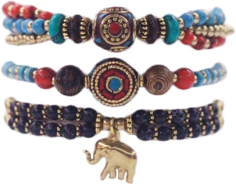 Petite Adjustable Boho Bracelet for Small Wrists 6-7.5 Inch - Handmade Nepalese Buddhist Prayer Bracelet with Elephant Charm, Brass Bell, Turquoise Stone & Tibetan Mantra Beads, Spiritual Lucky Gift in Kuwait