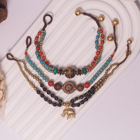 Petite Adjustable Boho Bracelet for Small Wrists 6-7.5 Inch - Handmade Nepalese Buddhist Prayer Bracelet with Elephant Charm, Brass Bell, Turquoise Stone & Tibetan Mantra Beads, Spiritual Lucky Gift in Kuwait
