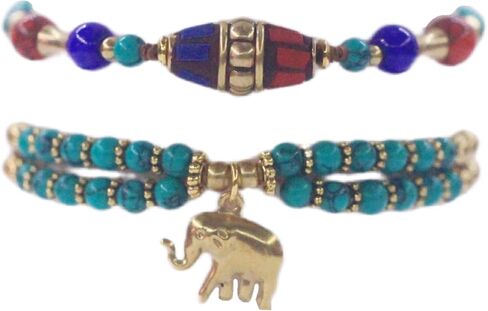 Petite Adjustable Boho Bracelet for Small Wrists 6-7.5 Inch - Handmade Nepalese Buddhist Prayer Bracelet with Elephant Charm, Brass Bell, Turquoise Stone & Tibetan Mantra Beads, Spiritual Lucky Gift in Kuwait