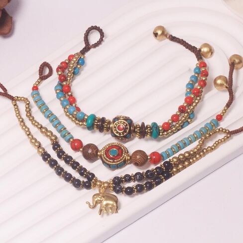 Petite Adjustable Boho Bracelet for Small Wrists 6-7.5 Inch - Handmade Nepalese Buddhist Prayer Bracelet with Elephant Charm, Brass Bell, Turquoise Stone & Tibetan Mantra Beads, Spiritual Lucky Gift in Kuwait