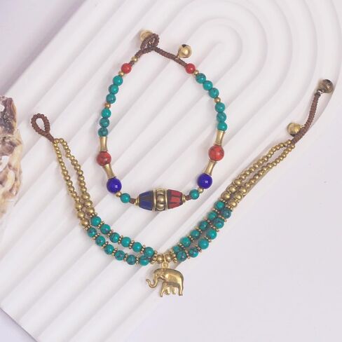 Petite Adjustable Boho Bracelet for Small Wrists 6-7.5 Inch - Handmade Nepalese Buddhist Prayer Bracelet with Elephant Charm, Brass Bell, Turquoise Stone & Tibetan Mantra Beads, Spiritual Lucky Gift in Kuwait