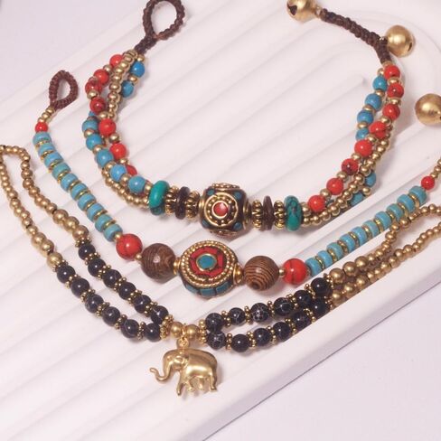 Petite Adjustable Boho Bracelet for Small Wrists 6-7.5 Inch - Handmade Nepalese Buddhist Prayer Bracelet with Elephant Charm, Brass Bell, Turquoise Stone & Tibetan Mantra Beads, Spiritual Lucky Gift in Kuwait