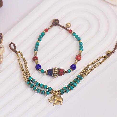Petite Adjustable Boho Bracelet for Small Wrists 6-7.5 Inch - Handmade Nepalese Buddhist Prayer Bracelet with Elephant Charm, Brass Bell, Turquoise Stone & Tibetan Mantra Beads, Spiritual Lucky Gift in Kuwait