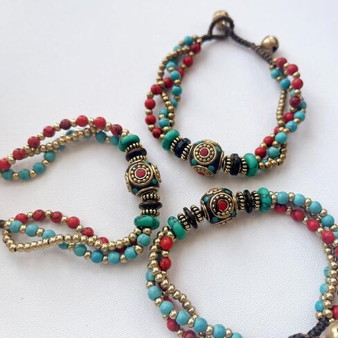 Petite Adjustable Boho Bracelet for Small Wrists 6-7.5 Inch - Handmade Nepalese Buddhist Prayer Bracelet with Elephant Charm, Brass Bell, Turquoise Stone & Tibetan Mantra Beads, Spiritual Lucky Gift in Kuwait
