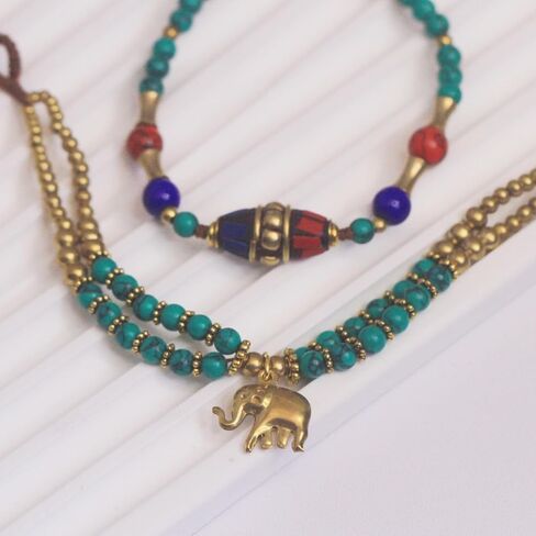Petite Adjustable Boho Bracelet for Small Wrists 6-7.5 Inch - Handmade Nepalese Buddhist Prayer Bracelet with Elephant Charm, Brass Bell, Turquoise Stone & Tibetan Mantra Beads, Spiritual Lucky Gift in Kuwait