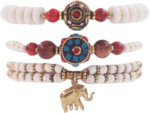 Petite Adjustable Boho Bracelet for Small Wrists 6-7.5 Inch - Handmade Nepalese Buddhist Prayer Bracelet with Elephant Charm, Brass Bell, Turquoise Stone & Tibetan Mantra Beads, Spiritual Lucky Gift in Kuwait