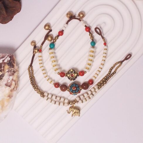 Petite Adjustable Boho Bracelet for Small Wrists 6-7.5 Inch - Handmade Nepalese Buddhist Prayer Bracelet with Elephant Charm, Brass Bell, Turquoise Stone & Tibetan Mantra Beads, Spiritual Lucky Gift in Kuwait
